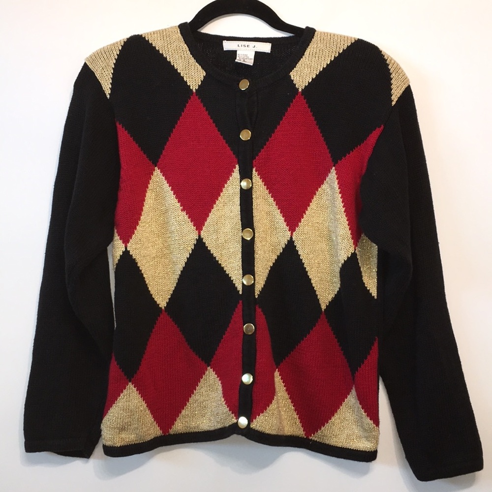 Lise J Vintage Harlequin Black Red Gold Cardigan